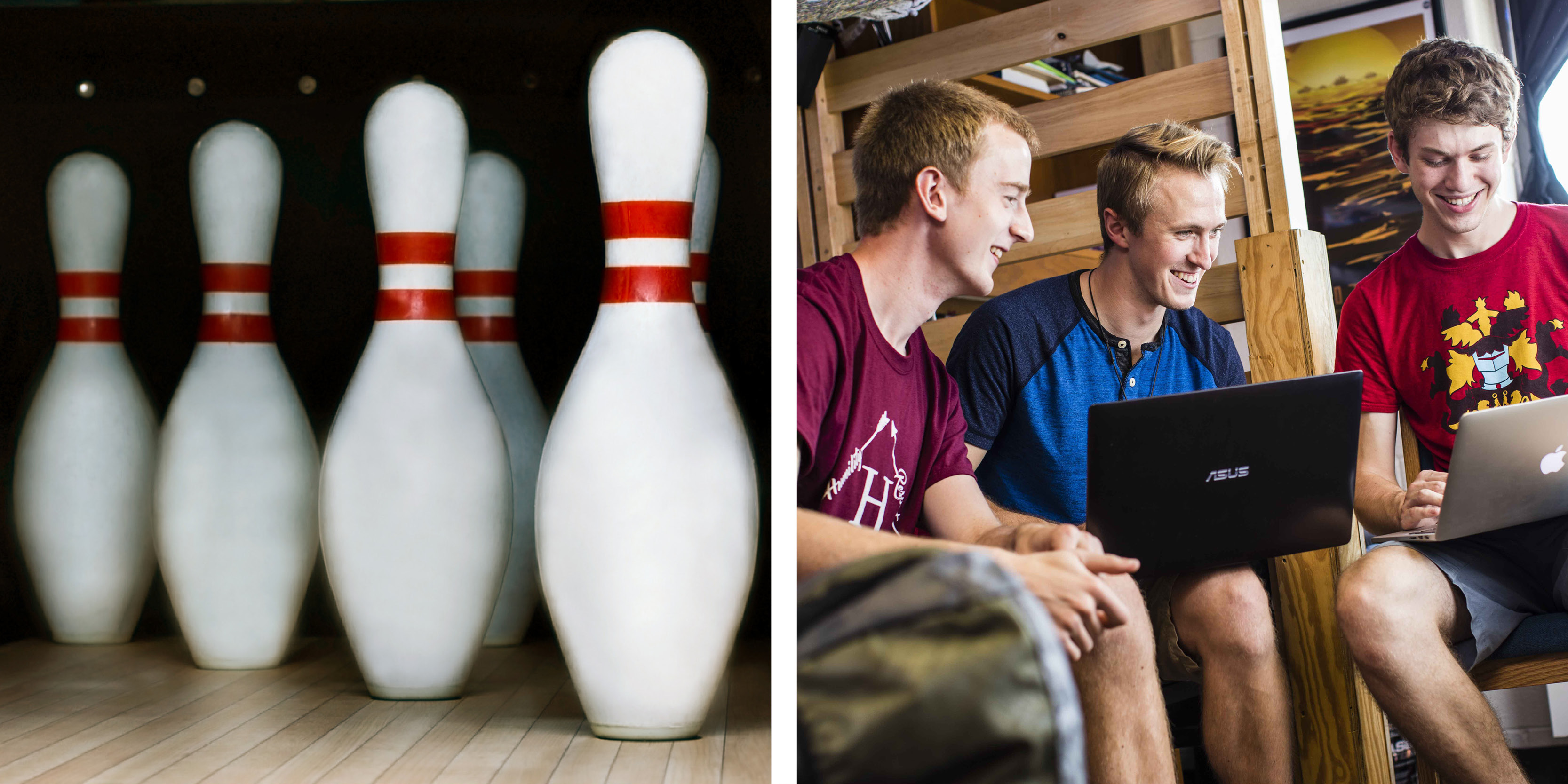 Bowling pins and students working on computers