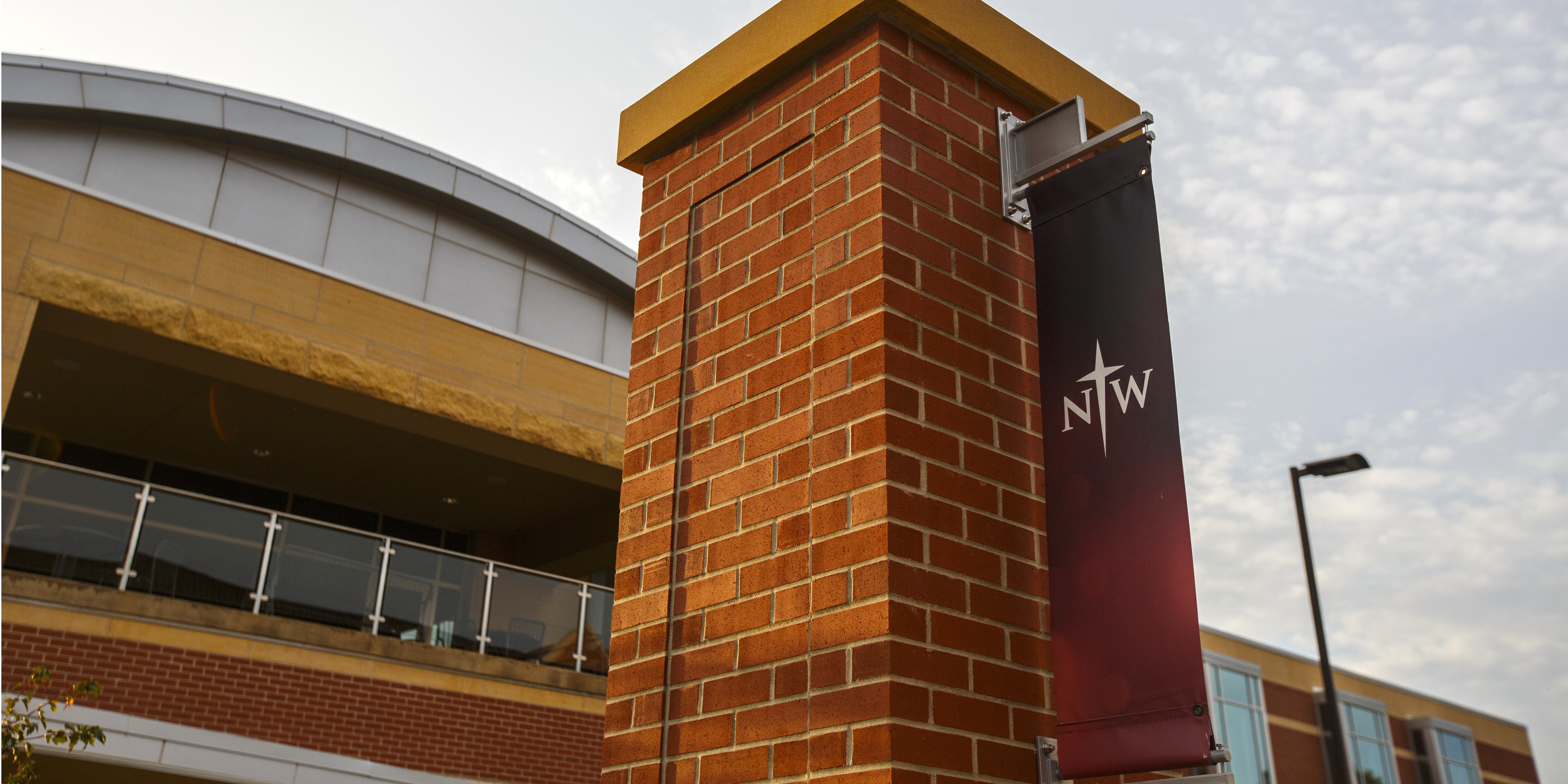 Banner with the Northwestern logo hanging near the Learning Commons